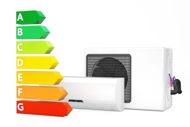 Modern Air Conditioner near Energy Efficiency Rating Chart on a white background. 3d Rendering.