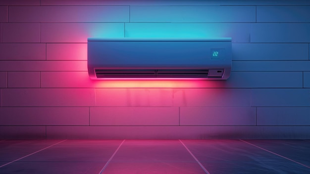 Photo modern air conditioner unit mounted on a wall with blue and pink neon lighting