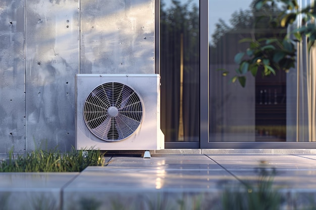 Modern Air Conditioning Unit Installed on Concrete Slab Outside Glass Door