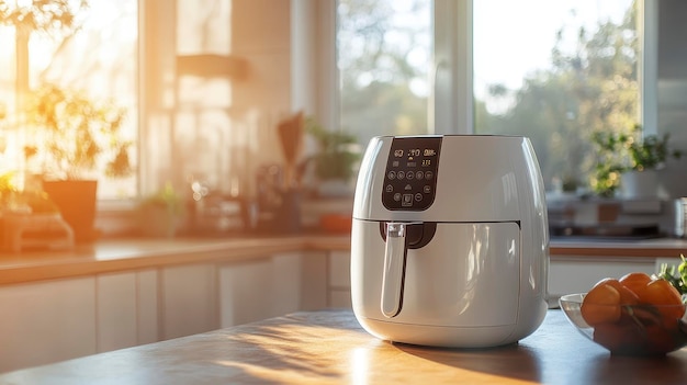 A modern air fryer on a kitchen counter illuminated by warm sunlight