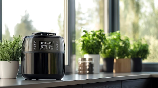 Photo a modern air fryer on a kitchen countertop with plants and a bright window view