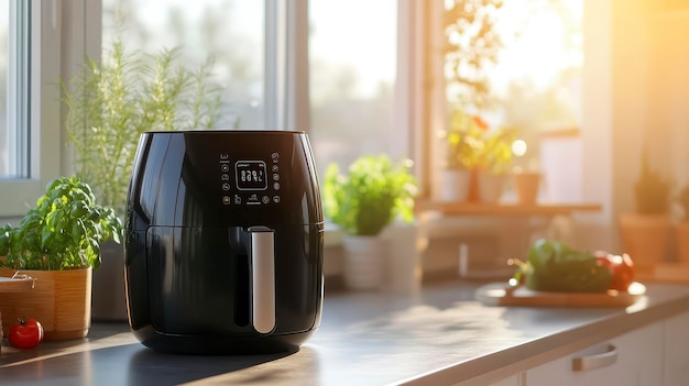 A modern air fryer on a kitchen countertop with plants and sunlight streaming in