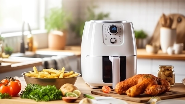 A modern air fryer with cooked chicken fries and fresh ingredients on a kitchen counter