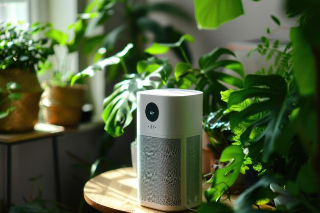 Modern air purifier in the living room near green plants