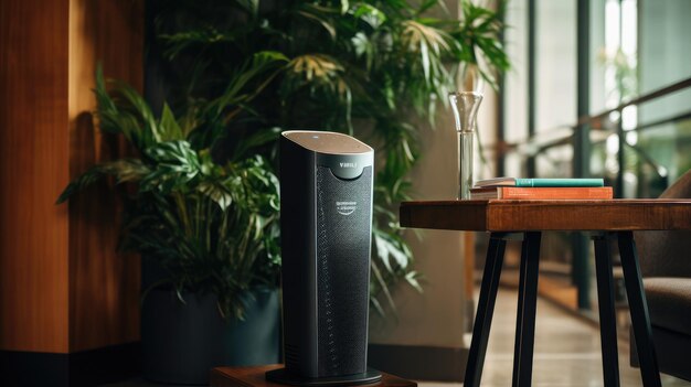 Photo a modern air purifier sits on a wooden table in a stylish living room