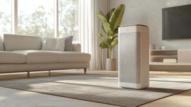 Photo modern air purifier in a stylish living room a sleek white air purifier sits on a modern rug