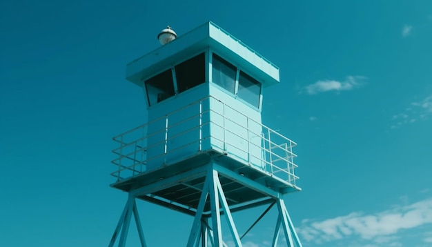 Photo modern air traffic control tower overlooks bright blue coastline landscape generated by artificial intelligence