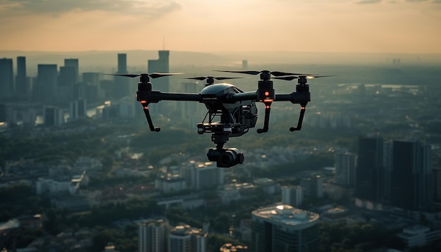 Modern air vehicles hover mid air over city skyline at dusk generated by artificial intelligence