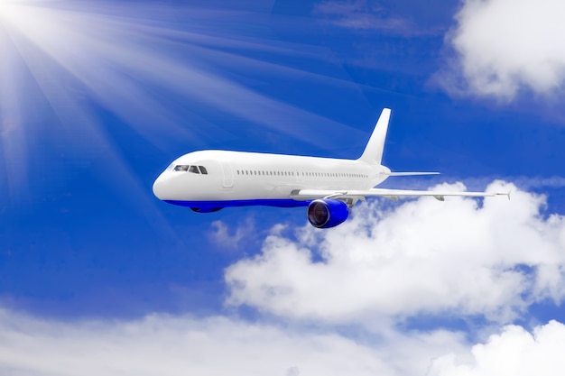 Modern airplane in a sky with clouds.