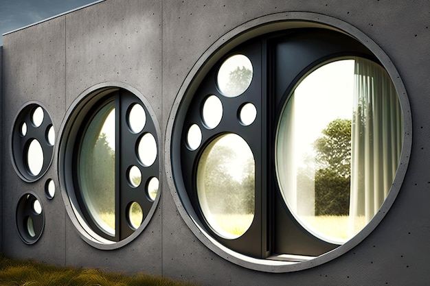 Modern aluminium windows with round semitransparent elements on wall generative ai