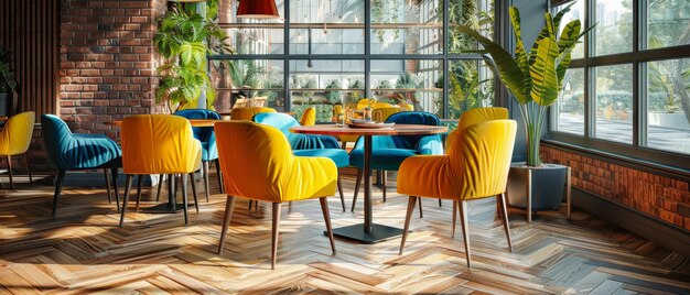 Photo modern american bistro interior with herringbone parquet flooring scandinavian furniture and vibrant colors