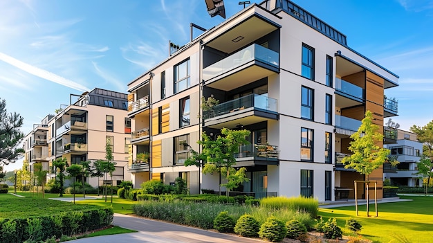 Modern apartment building with balconies and green landscaping