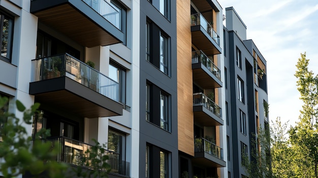 Photo modern apartment building with balconies and wood siding