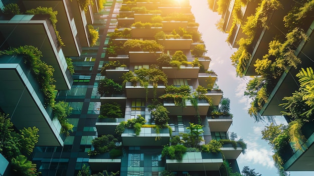 A modern apartment building with green plants growing on the balconies a bright sunny day