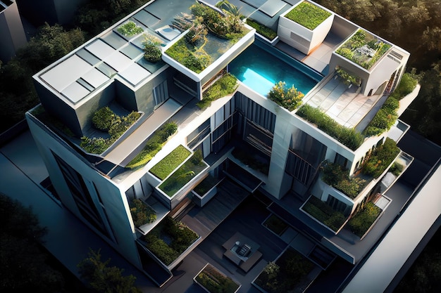 Modern apartment building with rooftop pool gym and gardens