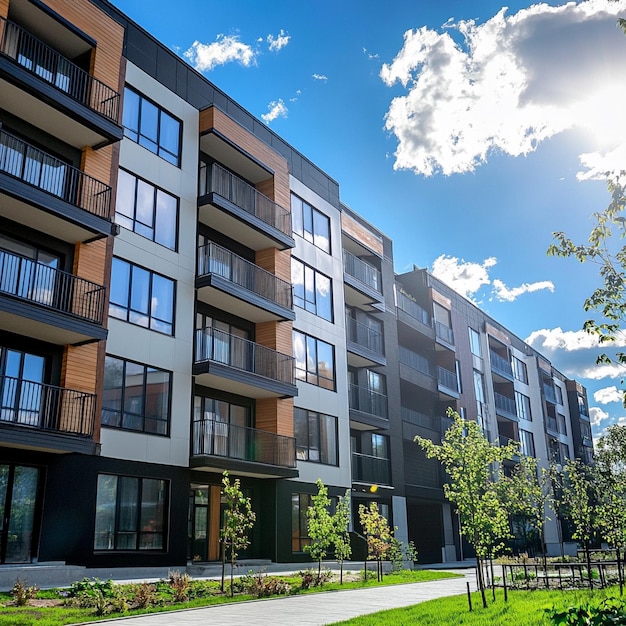 Photo modern apartment buildings on a sunny day with a blue sky facade of a modern apartment building v 61 job id 431d52ddc2ab4929951a10c11b6ccf95