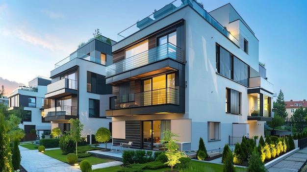 Modern apartment buildings with balconies and large windows at dusk with a green lawn