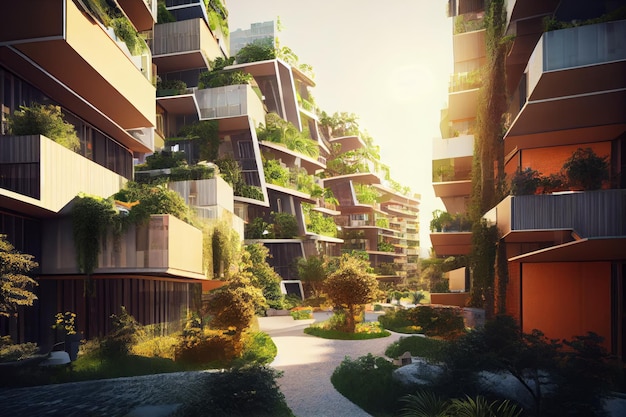 Modern apartment buildings with green plants Real estate concept Generative AI