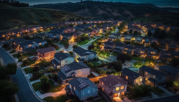 Modern apartment development high up on illuminated mountain landscape generated by artificial intelligence