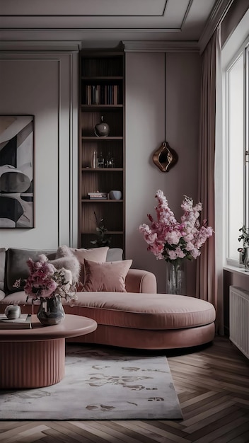 Modern apartment with comfortable furniture pink flowers and elegant design generated by artificial