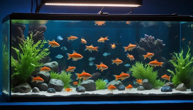 Modern Aquarium with Vibrant Goldfish and Aquatic Plants in a Stylish Tan