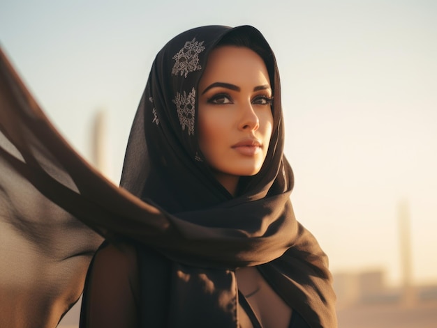 Modern arabic woman with hitjab in a veil in style of 1980