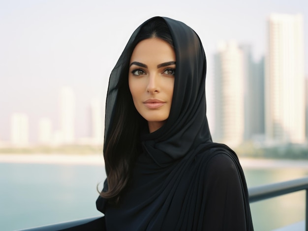 Modern arabic woman with hitjab in a veil in style of 1980