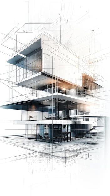 Modern Architectural Concept Design Featuring Three Levels of Floor Plans and Structural Elements