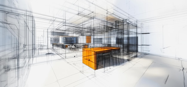 Photo modern architectural design featuring open space concept and detailed wireframe in a contemporary building