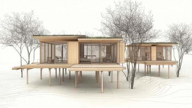 Modern Architectural Design of Two Wooden Houses on Stilts