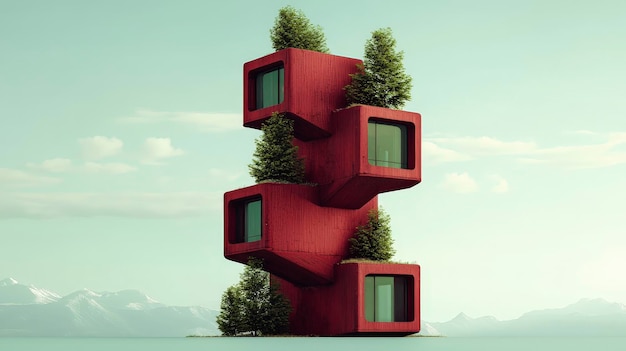 Photo modern architectural design with stacked red cubes and trees on top