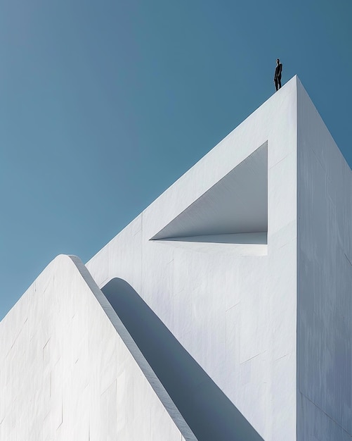 Photo a modern architectural marvel featuring a lone figure standing atop a stark white structure against