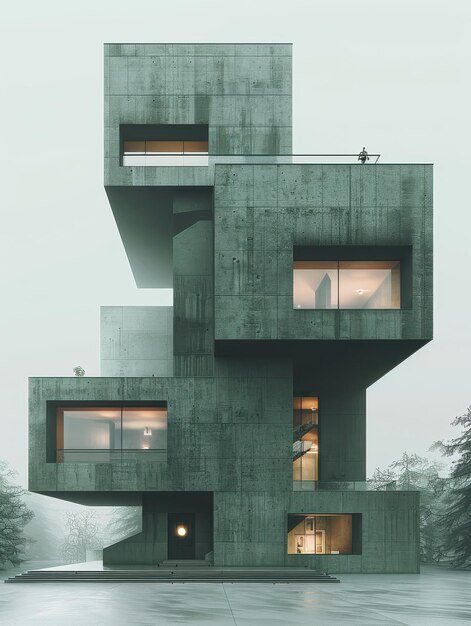 Photo modern architectural marvel made of concrete surrounded by lush greenery and misty atmosphere