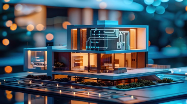 Photo modern architectural model showcasing innovative design and technology features at night