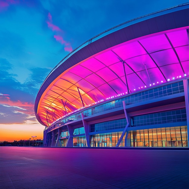 Modern Architectural Stadium Illuminated in Vibrant Dusk Colors