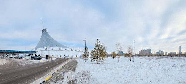 Modern architectural urbanistic city Astana Futuristic buildings on frosty winter day NurSultan