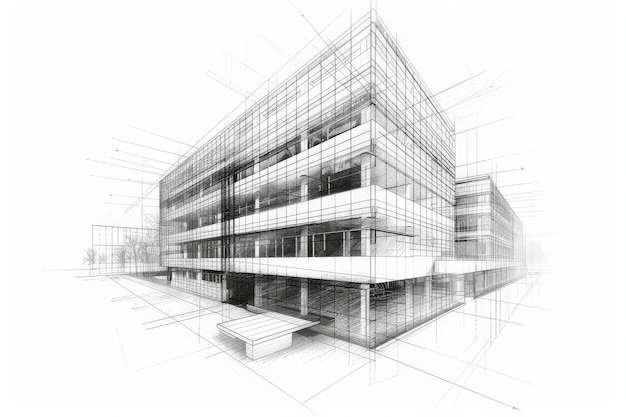 Photo modern architecture building construction perspective design building sketch line drawing on white background