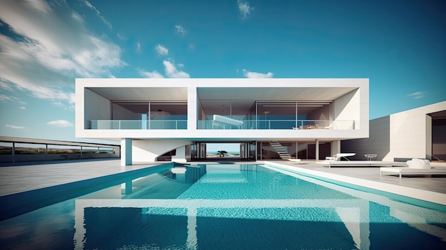 Modern architecture home house mansion luxury minimalist design with a pool Generative AI