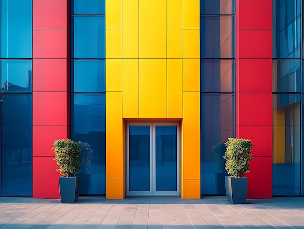 Photo modern architecture illustration colorful building facade with blue glass and vibrant yellow entrance