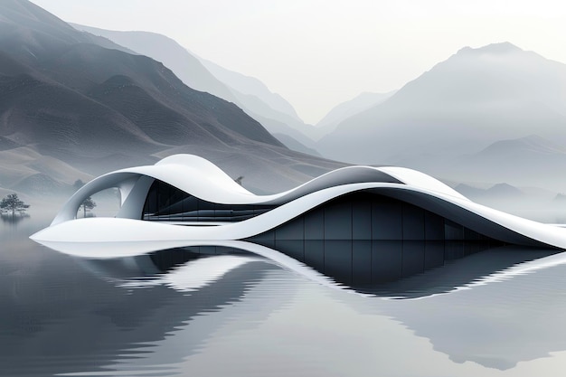 Modern Architecture Reflected in a Lake with Mountain Background