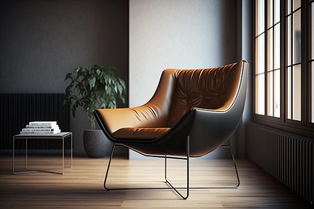 Modern armchair with leather seat and metal legs in minimalistic interior created with generative ai