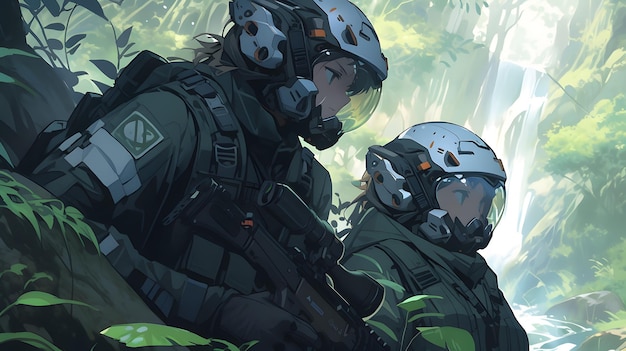 Modern army in deep forest anime style