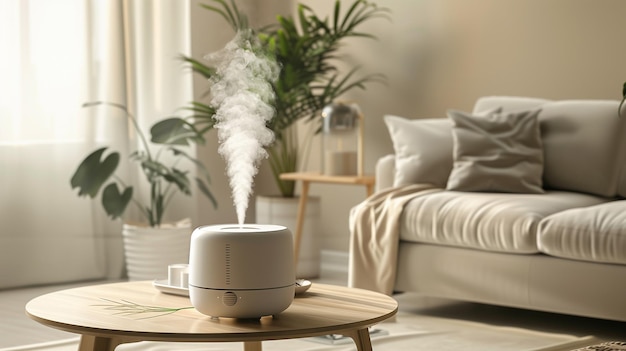 Modern Aroma Humidifier in a Cozy Living Room The scene features a sleek white aroma humidifier emitting a fine mist on a wooden coffee table The background includes a comfortable sofa