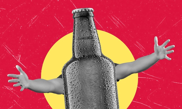 Modern art collage featuring beer bottle and hands on red background with copy space