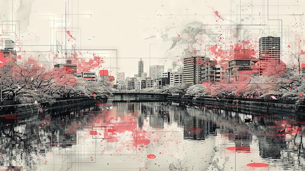 Modern Art Collage Serene Tokyo Cherry Blossom Festival