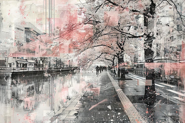 Modern Art Collage Serene Tokyo Cherry Blossom Festival