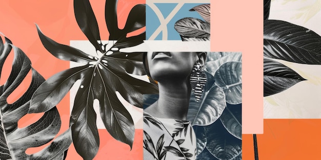 Modern Art Collage with Monochrome Woman and Tropical Leaves