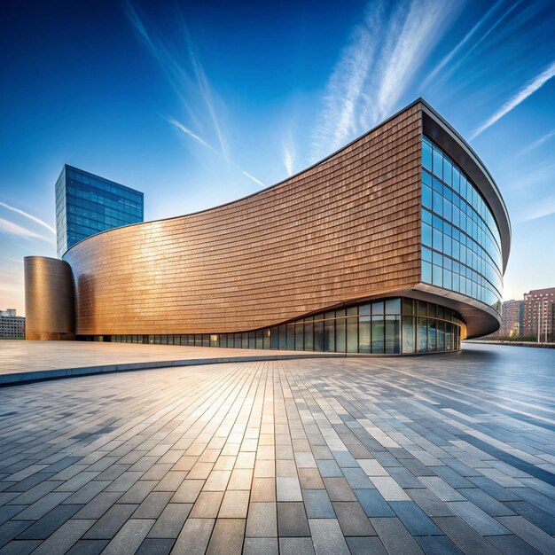 Photo modern art curved building with empty brick square against clear sky background