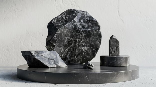 Modern art display of abstract black stone sculptures in various shapes on a circular platform