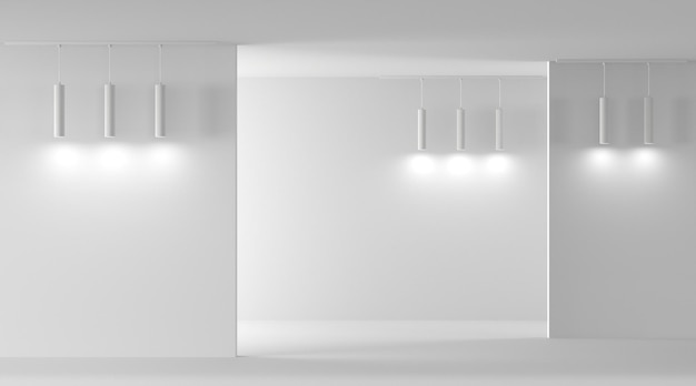 Modern art gallery interior empty room with white walls floor and pendant spot lamps 3d render Museum with lights for pictures presentation photography contest exhibition hall